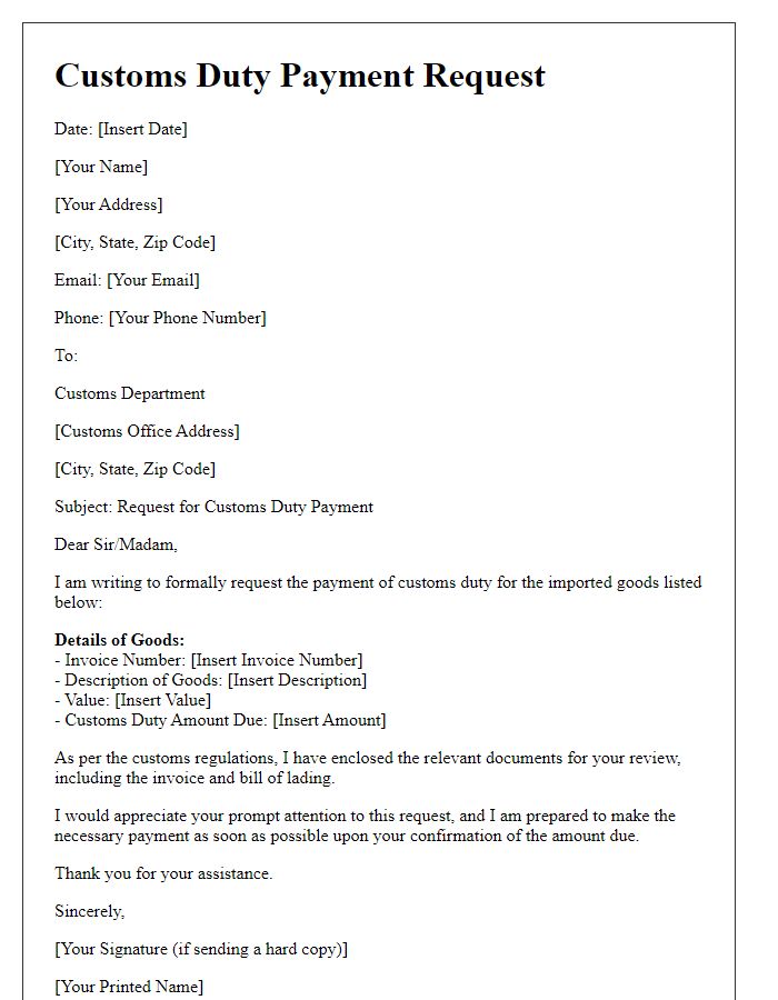 Letter template of customs duty payment request