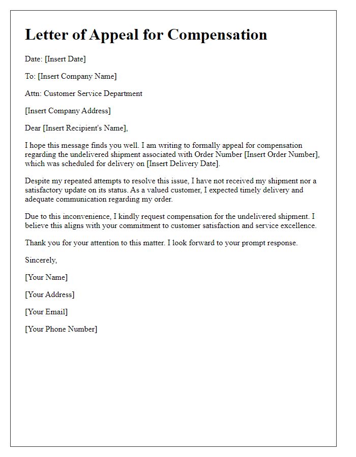 Letter template of appeal for compensation due to undelivered shipment