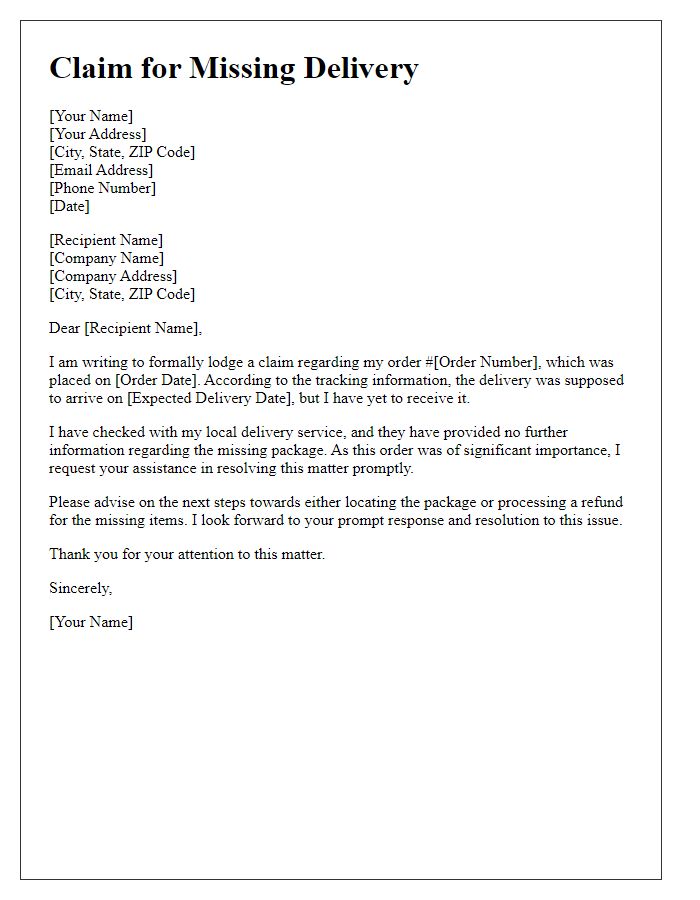 Letter template of claim for missing delivery