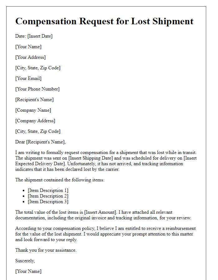 Letter template of compensation request for lost shipment