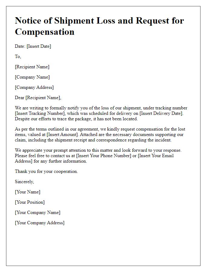 Letter template of notice for shipment loss and compensation