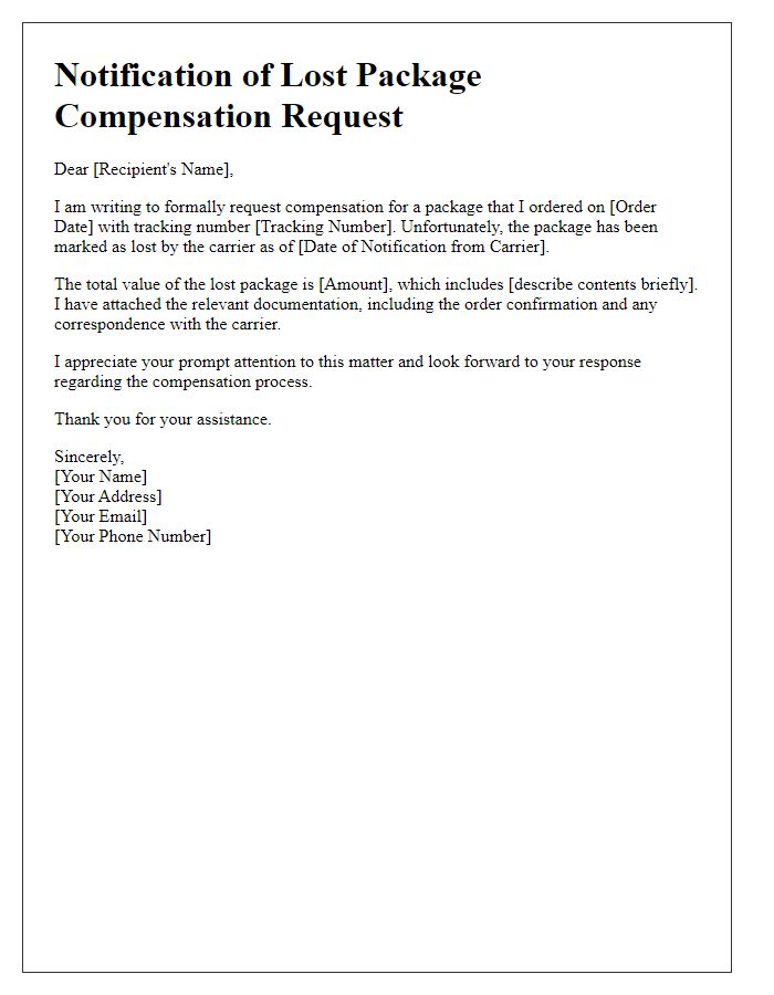 Letter template of notification for lost package compensation request