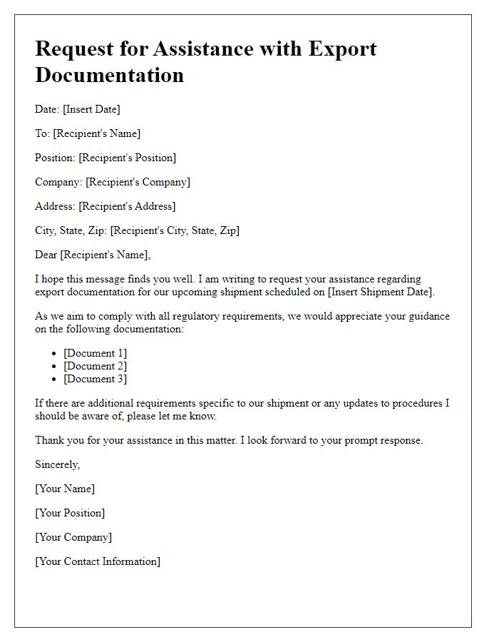 Letter template of assistance needed regarding export documentation