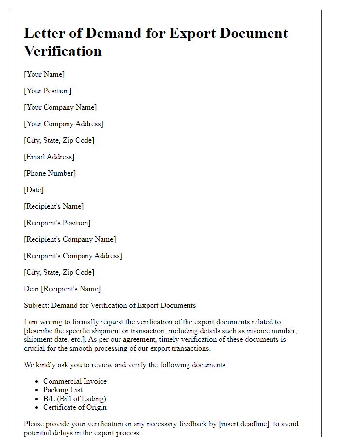 Letter template of demand for export document verification