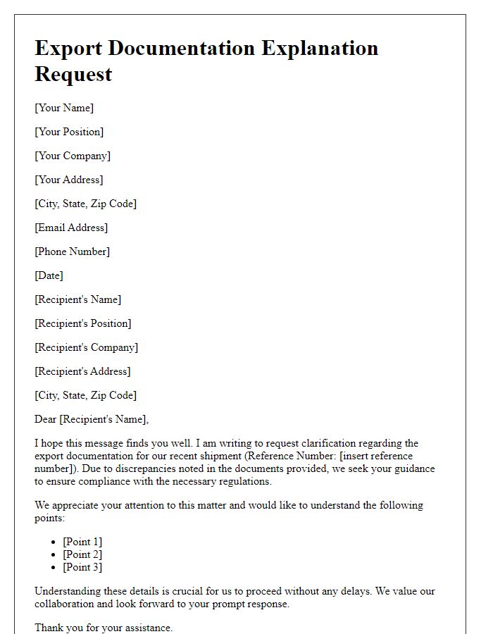 Letter template of explanation request for export documentation