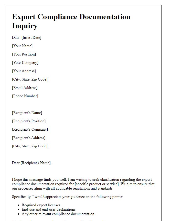 Letter template of export compliance documentation question