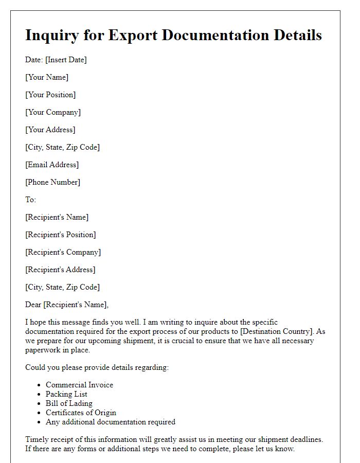 Letter template of inquiry for export documentation details