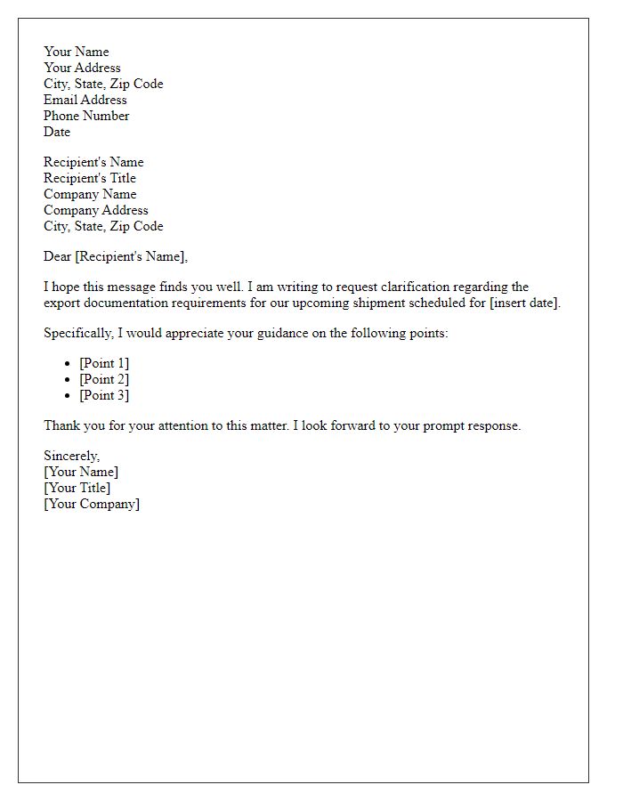 Letter template of request for export documentation clarification