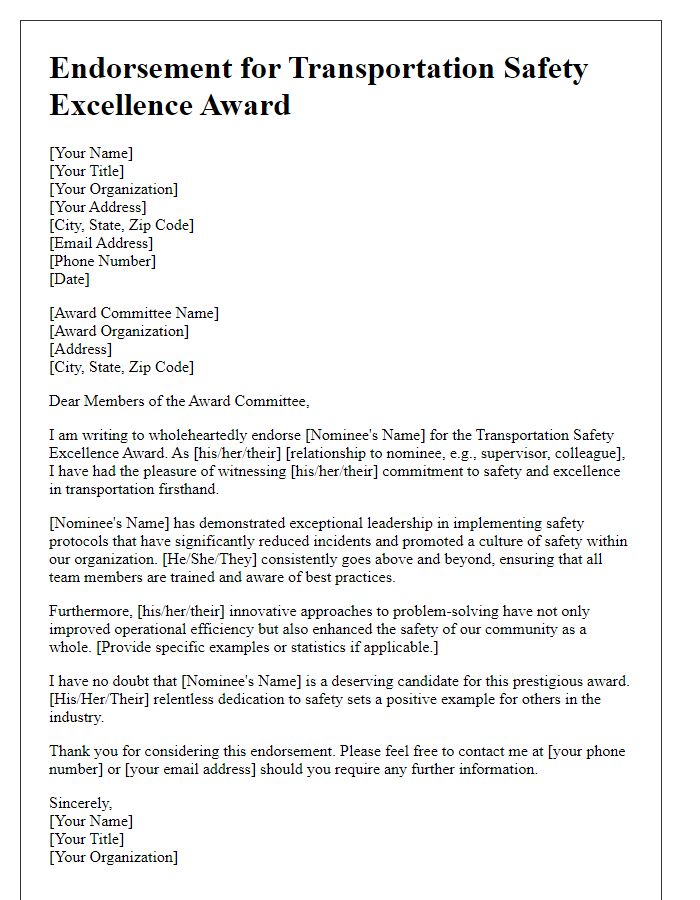 Letter template of endorsement for a transportation safety excellence award.