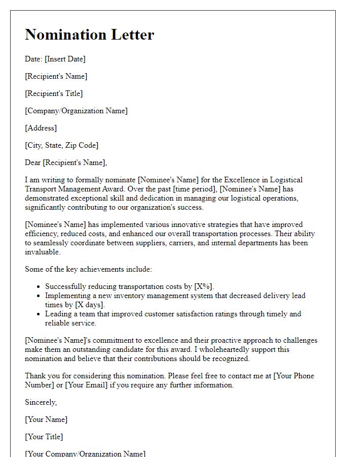 Letter template of nomination for excellence in logistical transport management.