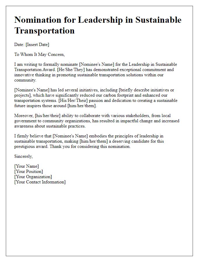 Letter template of nomination for leadership in sustainable transportation.