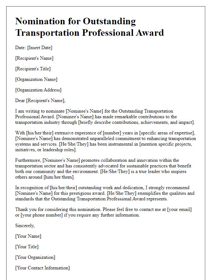 Letter template of nomination for an outstanding transportation professional award.