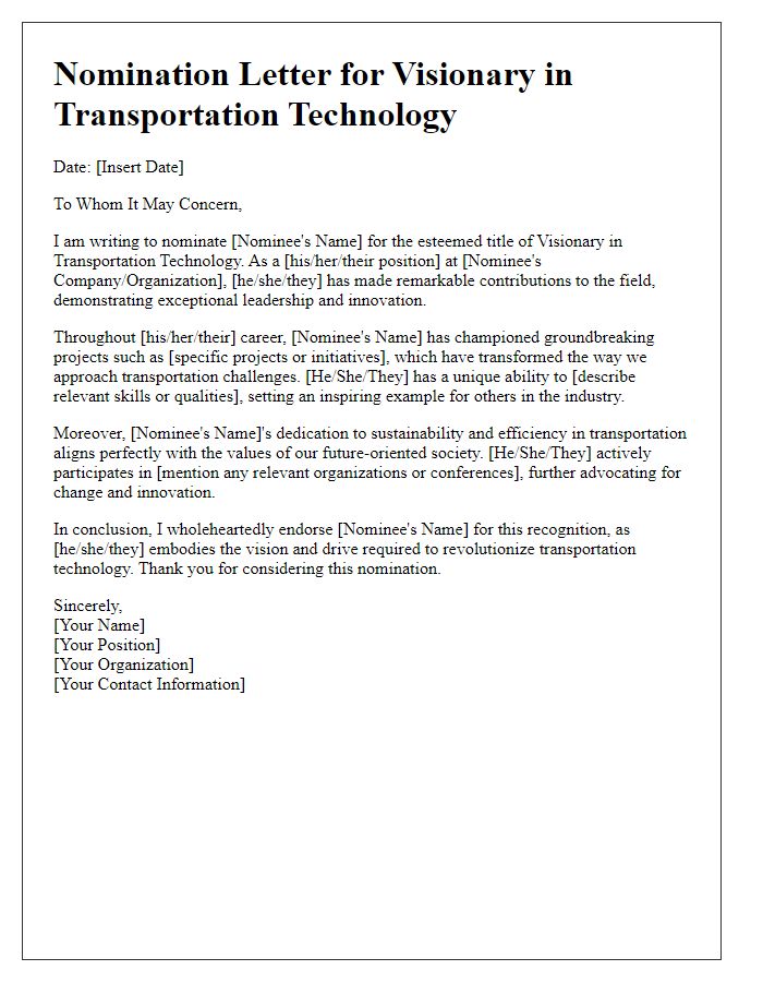 Letter template of nomination for a visionary in transportation technology.