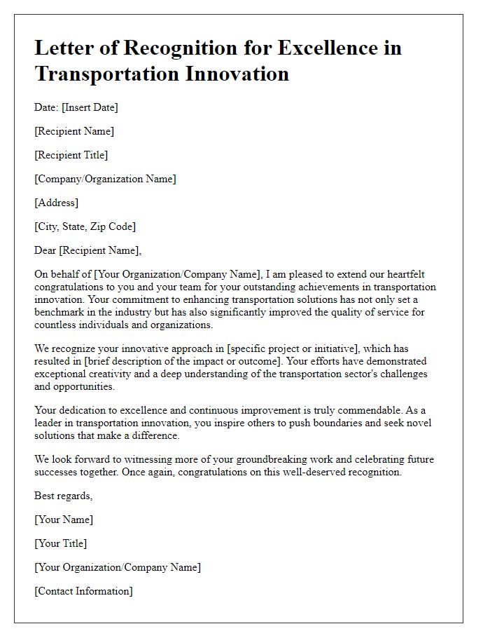 Letter template of recognition for excellence in transportation innovation.