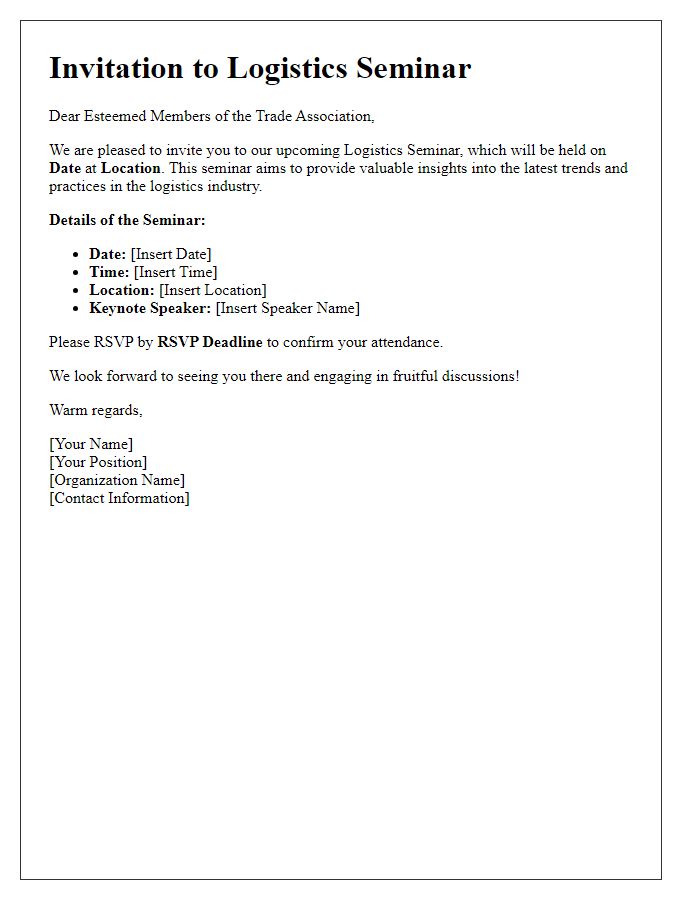 Letter template of logistics seminar invitation for trade association members.