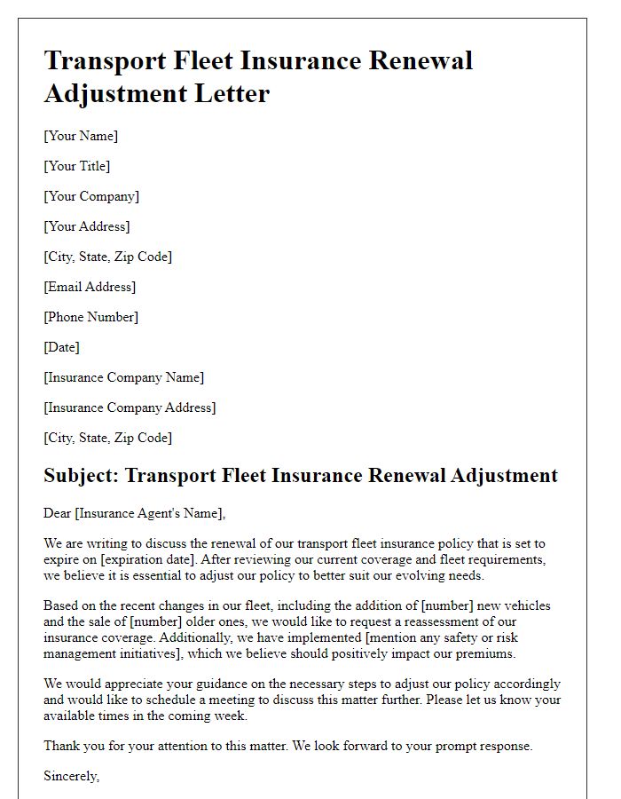 Letter template of transport fleet insurance renewal adjustment