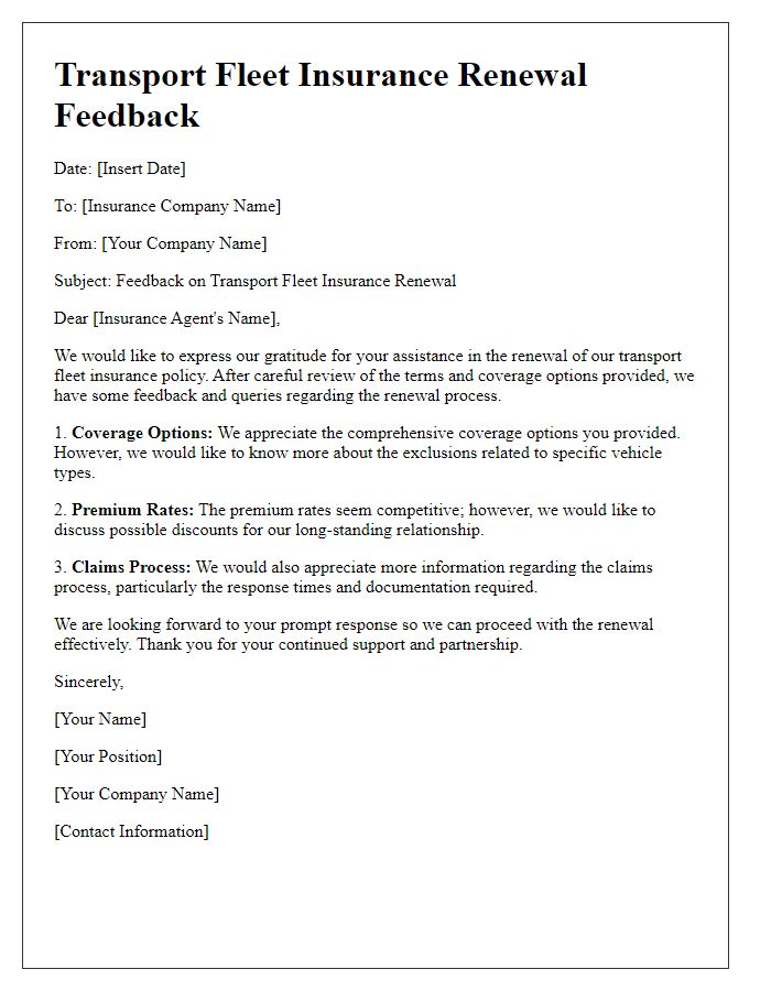 Letter template of transport fleet insurance renewal feedback