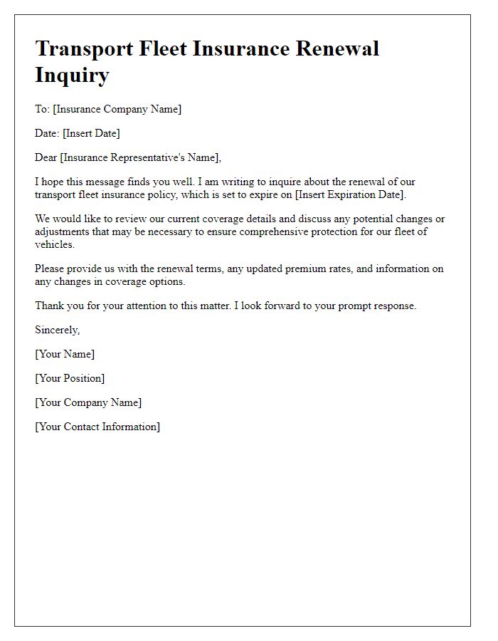 Letter template of transport fleet insurance renewal inquiry