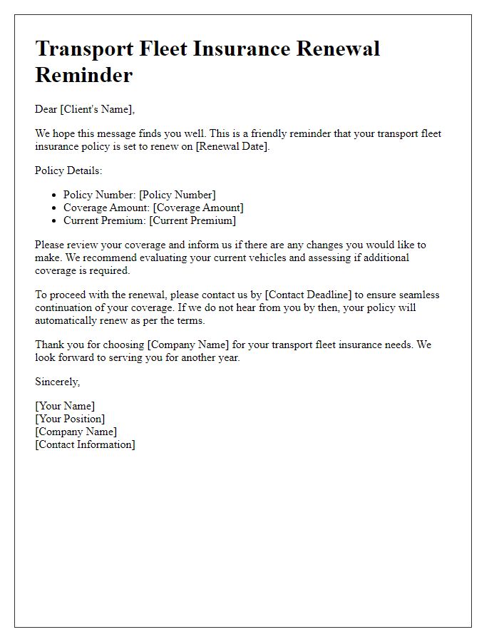 Letter template of transport fleet insurance renewal reminder