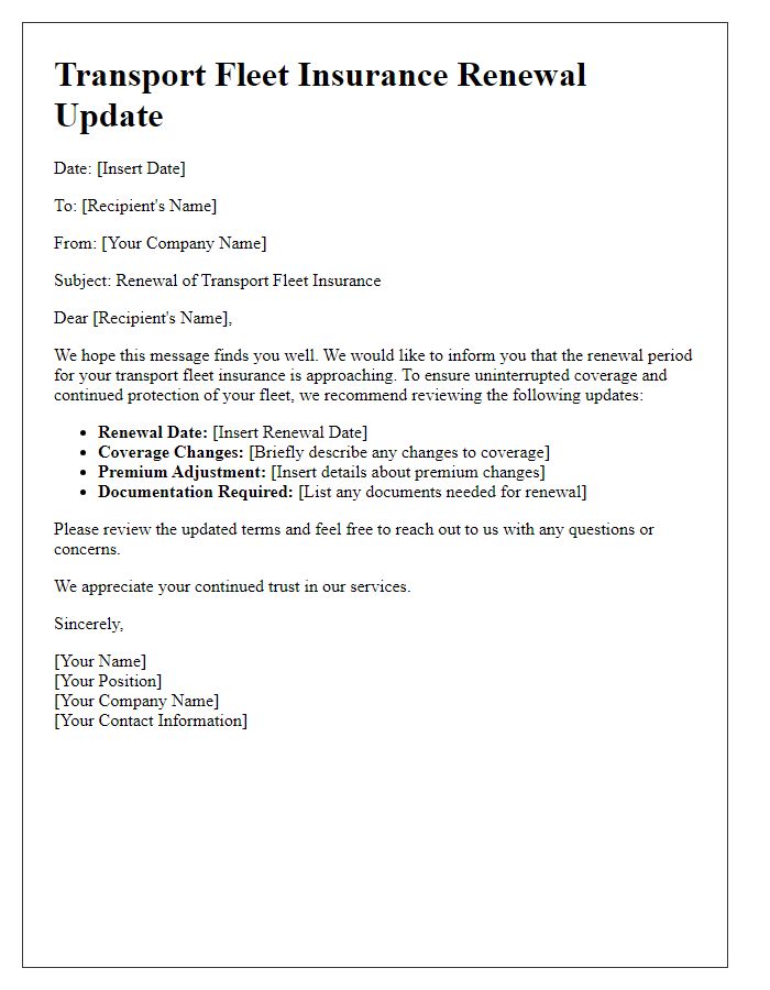 Letter template of transport fleet insurance renewal updates