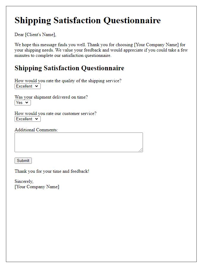 Letter template of shipping satisfaction questionnaire for clients