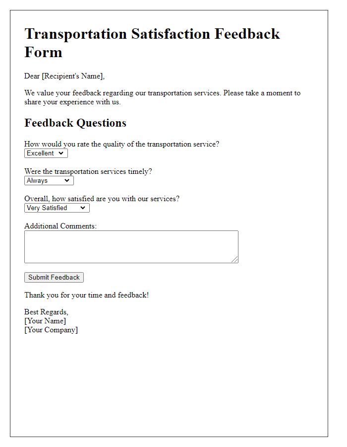 Letter template of transportation satisfaction feedback form