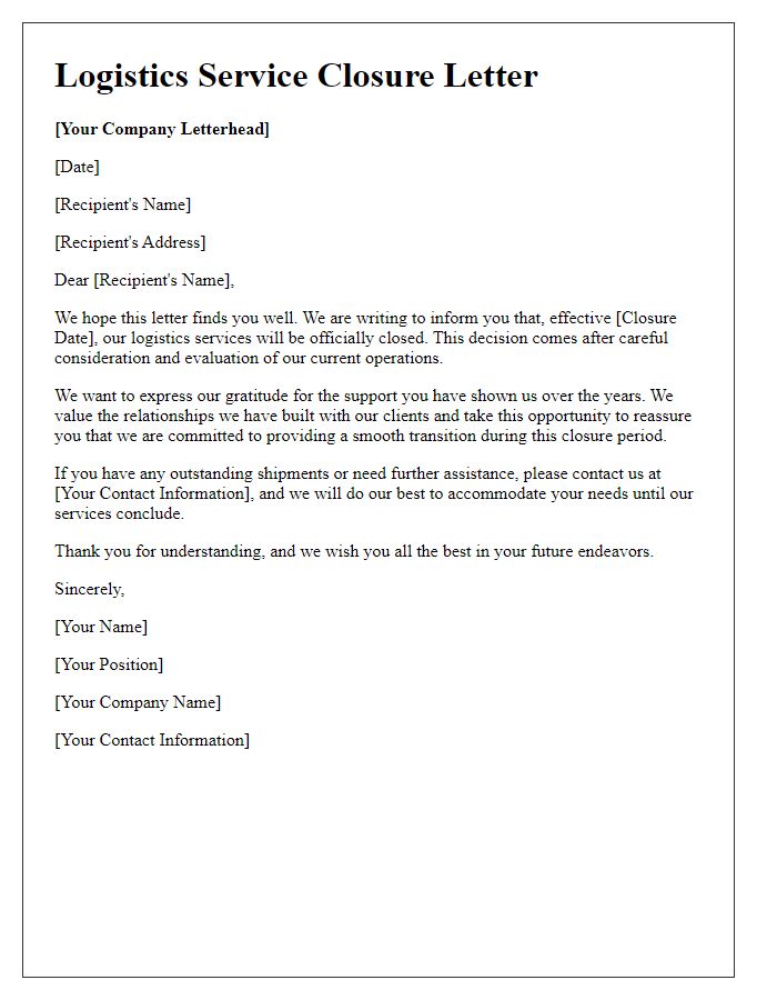 Letter template of logistics service closure letter