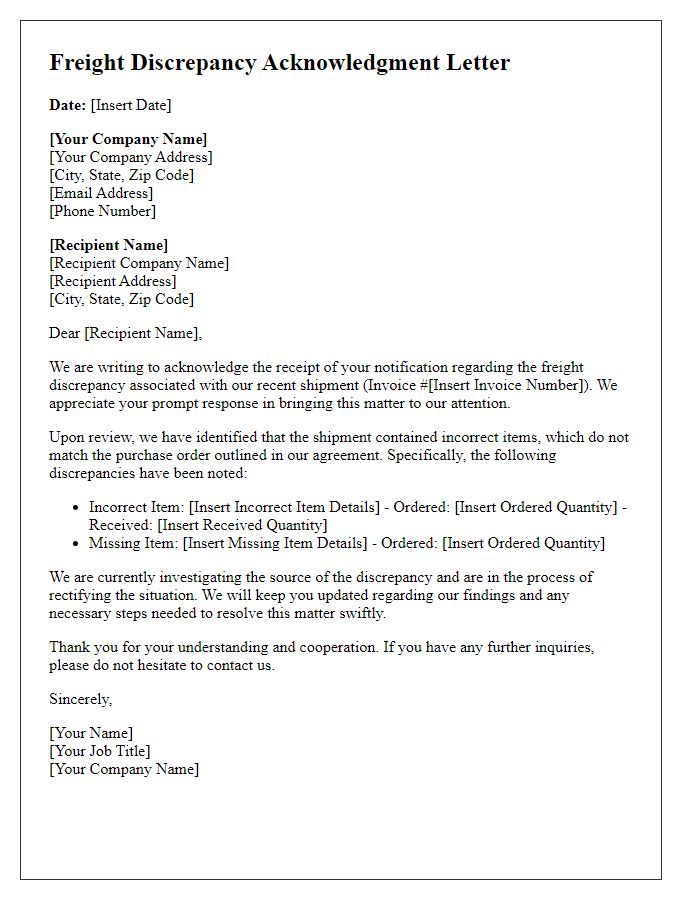 Letter template of freight discrepancy acknowledgment for incorrect shipments.