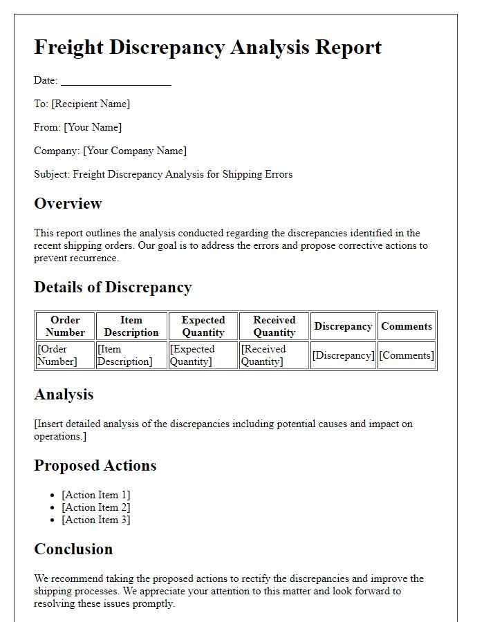 Letter template of freight discrepancy analysis for shipping errors.