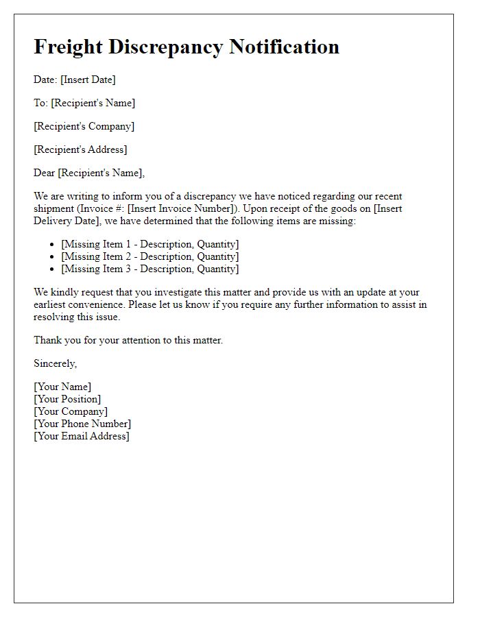 Letter template of freight discrepancy notification for missing items.