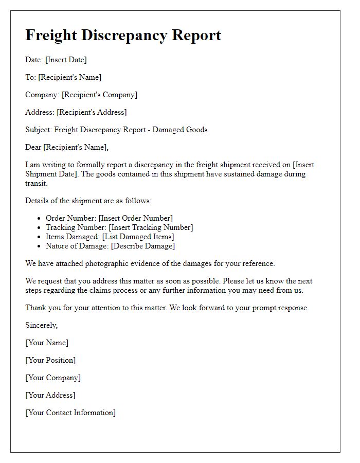 Letter template of freight discrepancy report for damaged goods.