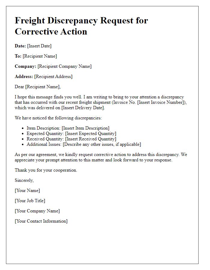 Letter template of freight discrepancy request for corrective action.