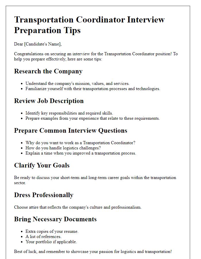 Letter template of transportation coordinator interview preparation tips.