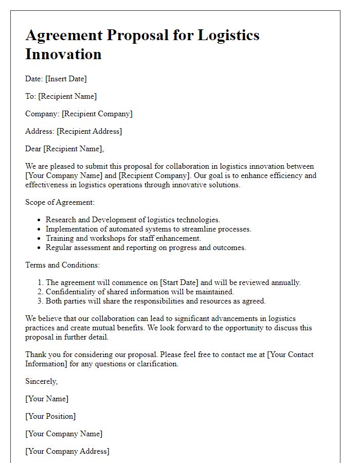 Letter template of agreement proposal for logistics innovation