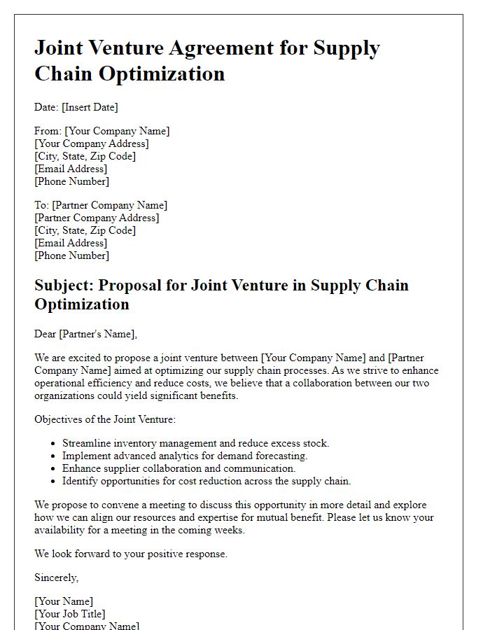 Letter template of joint venture for supply chain optimization