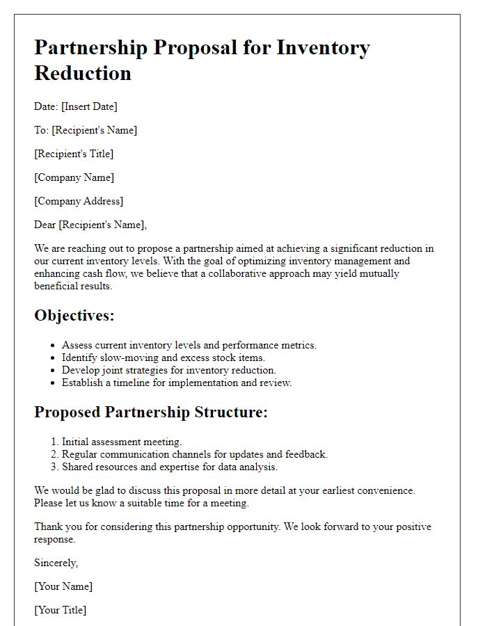 Letter template of partnership outline for inventory reduction