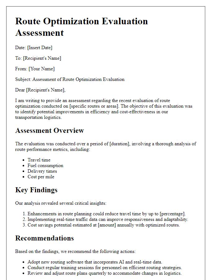 Letter template of assessment for route optimization evaluation.