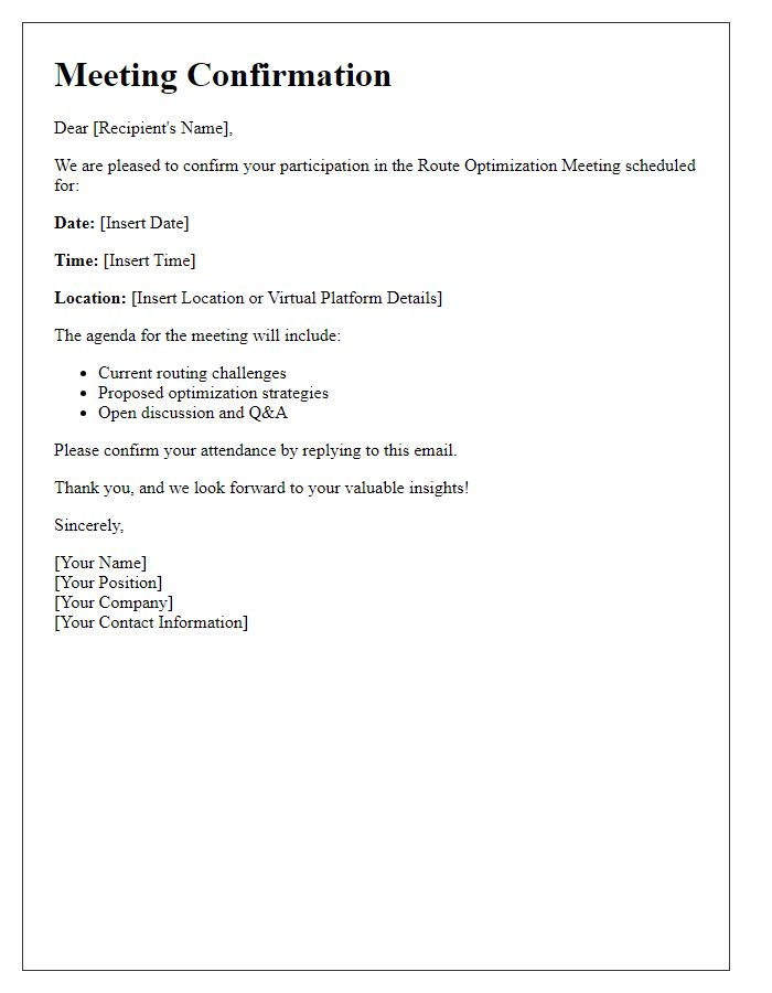 Letter template of confirmation for route optimization meeting.