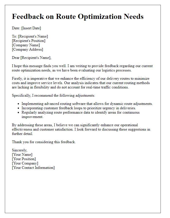 Letter template of feedback on route optimization needs.