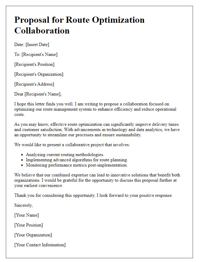 Letter template of proposal for route optimization collaboration.