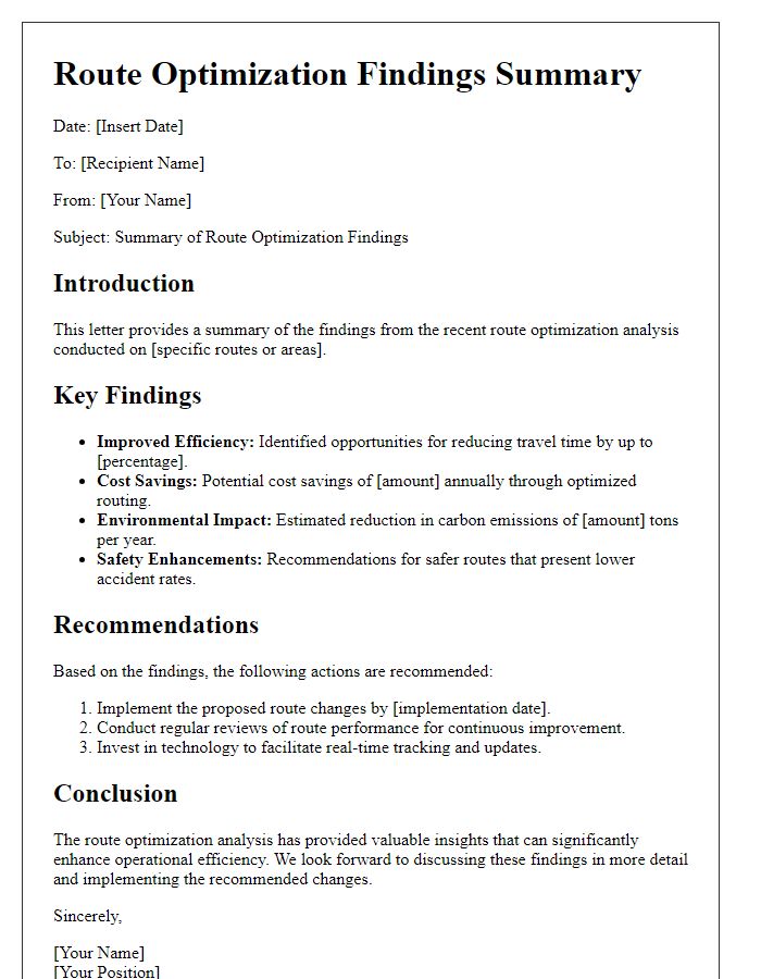 Letter template of summary for route optimization findings.