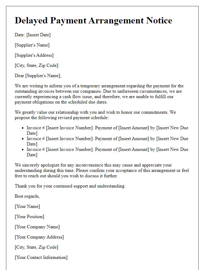 Letter template of Delayed Payment Arrangement for Suppliers