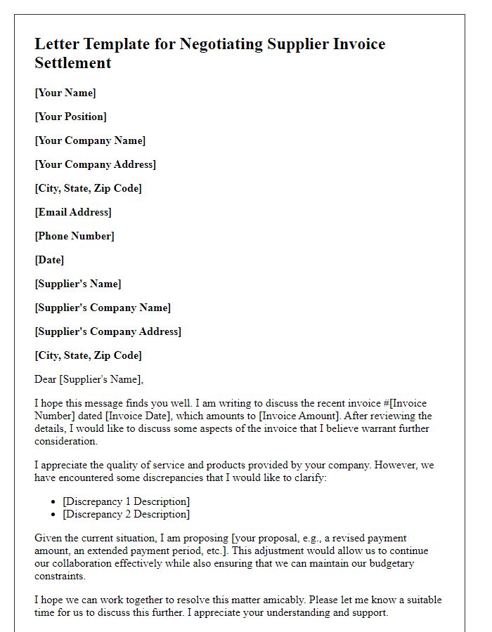 Letter template of Negotiating Supplier Invoice Settlement