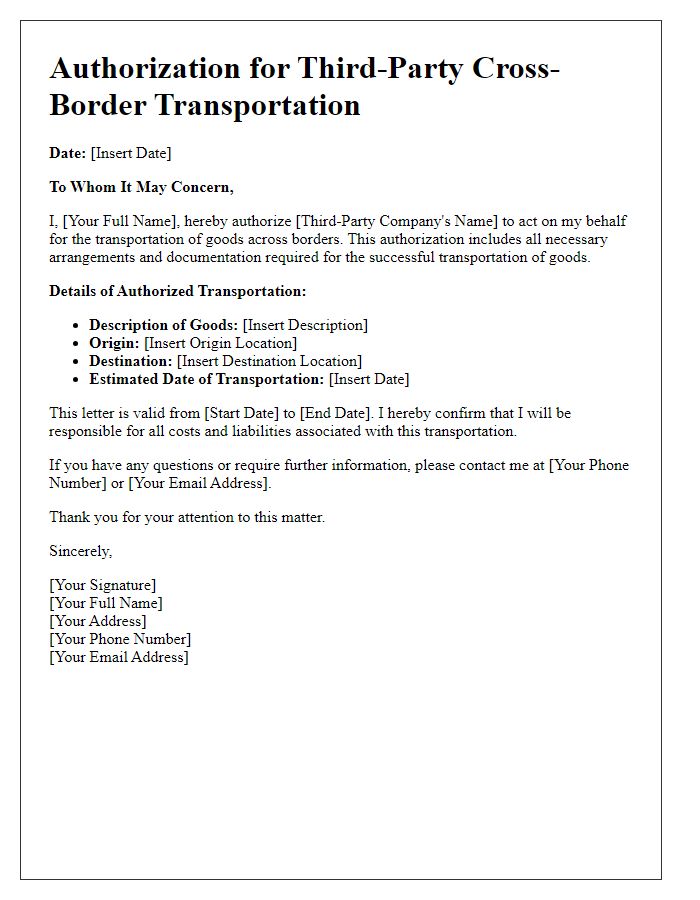 Letter template of authorization for third-party cross-border transportation