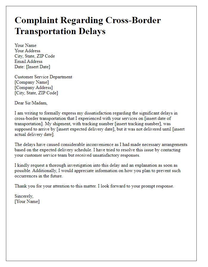 Letter template of complaint regarding cross-border transportation delays