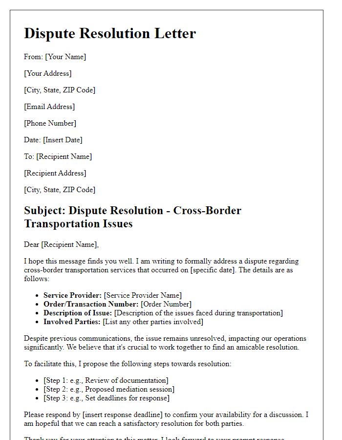 Letter template of dispute resolution for cross-border transportation issues