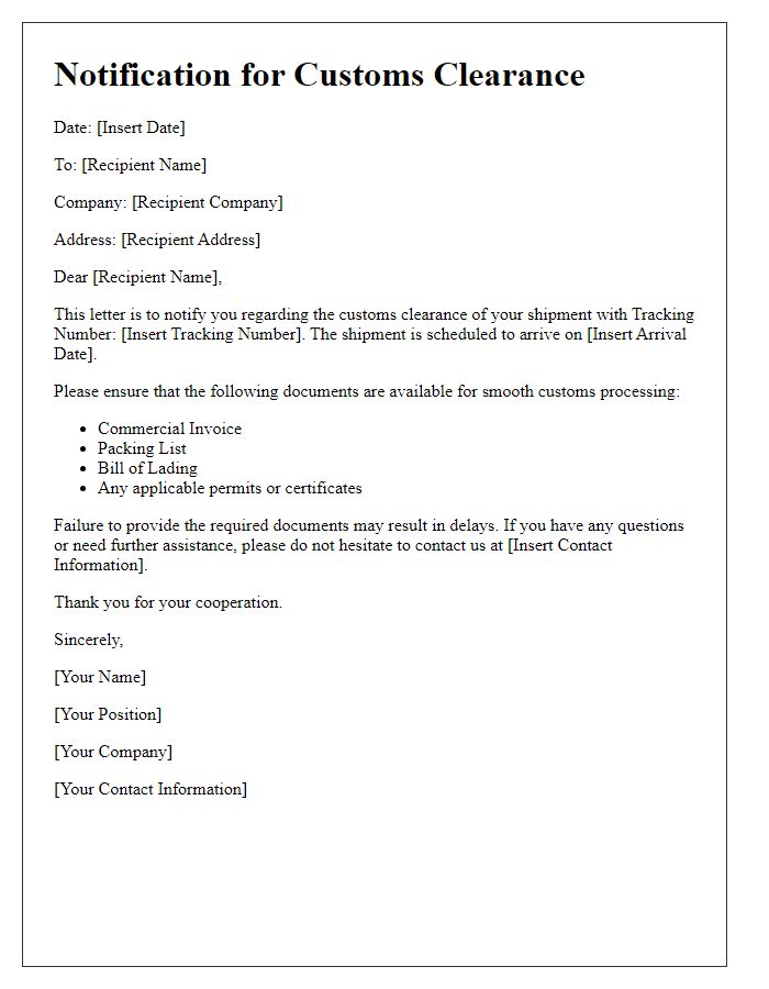 Letter template of notification for customs clearance in cross-border transportation