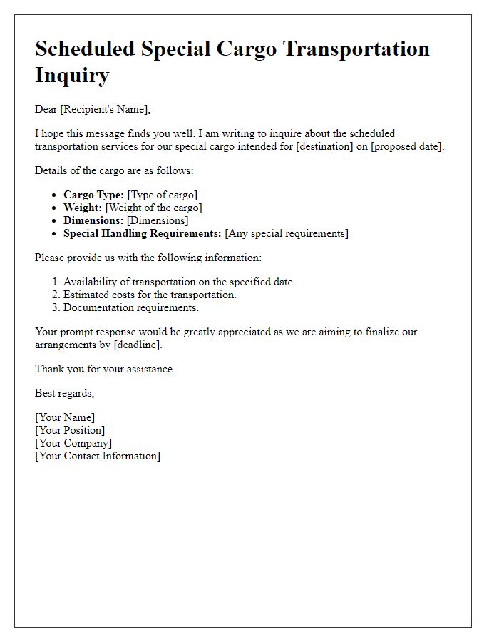 Letter template of scheduled special cargo transportation inquiry