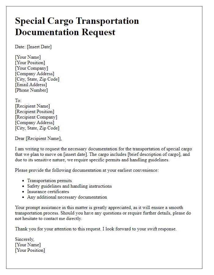 Letter template of special cargo transportation documentation request