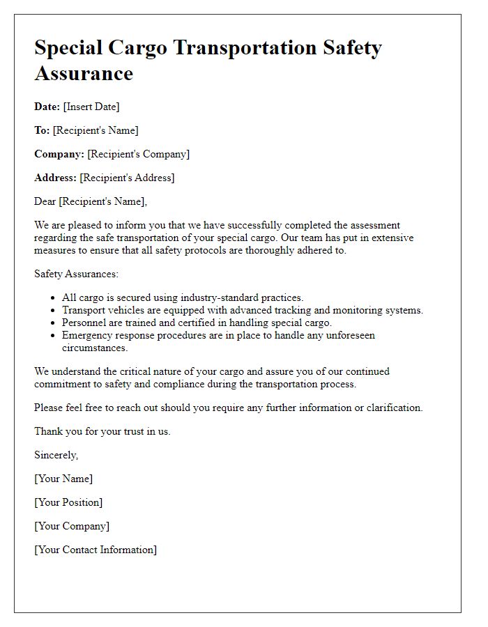 Letter template of special cargo transportation safety assurance